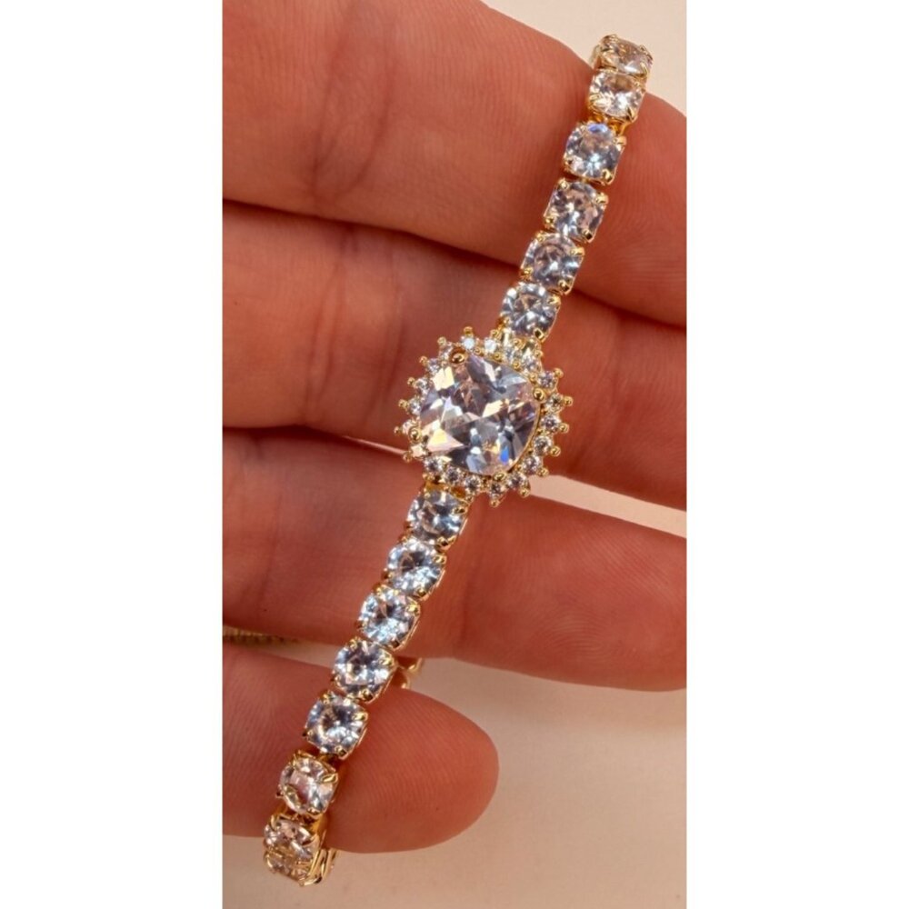 Vintage Swarovski Crystal Tennis Bracelet Halo Center Gold Overlay Slider - Picture 9 of 9